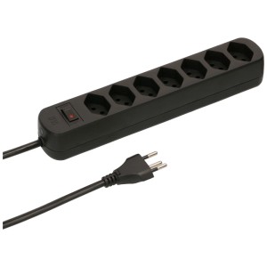 Schwarze Steckdosenleiste Basic Line mit 7 Steckplätzen und Schalter.
