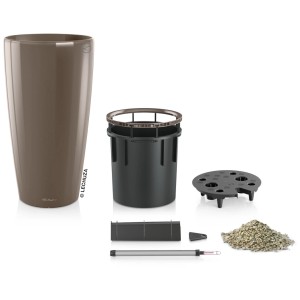 Pot Lechuza Rondo Premium, Ø 33cm, hauteur 56cm, taupe brillant, avec accessoires de plantation.
