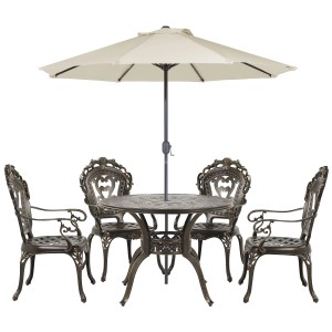 Ensemble de meubles de jardin Beliani Sapri marron foncé avec parasol, table et 4 chaises en aluminium.