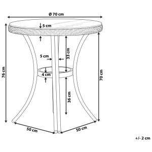 Maßzeichnung des Beliani Outdoor-Bistrotisch Rifreddo. Runder Gartentisch mit Ø 70 cm und 76 cm Höhe.