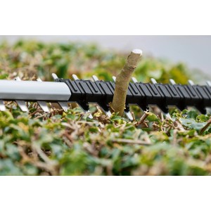 Taille-haie sans fil Bosch Professional GHE 18V-50 coupant une branche dans une haie.
