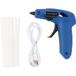 Pistola per colla a caldo a batteria LUX con stick di colla e cavo di ricarica USB.