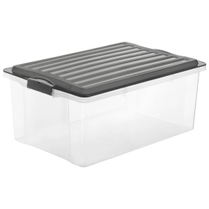 Rotho Stapelbox Compact A3, 38 l, transparent/grau. Aufbewahrungsbox mit Deckel und Klickverschlüssen.