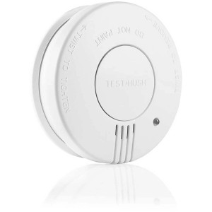 Détecteur de fumée blanc FSM-11516 avec bouton de test et pile, diamètre 10 cm.