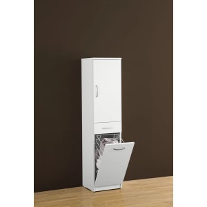 Meuble polyvalent blanc avec panier à linge, 2 portes, 1 tiroir, meuble de salle de bain.