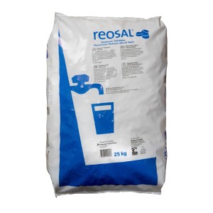 Sacco da 25 kg di sale rigenerante Reosal per addolcimento acqua. Pastiglie di sale Siedesalz per addolcitori.