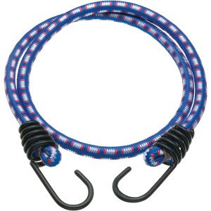 Sandow bleu, blanc et rouge avec crochets métalliques, longueur 100 cm, pour voyage et transport.