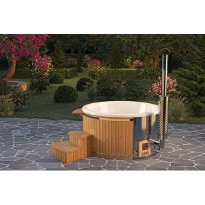 Bain nordique en bois Finntherm Stockholm Thermoholz, Ø 180 cm avec poêle en inox et marches.