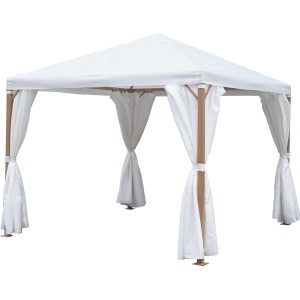 Gazebo Marana con struttura in acciaio effetto legno e pannelli laterali bianchi.
