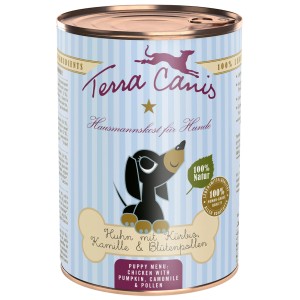 Terra Canis umido per cuccioli di cane al pollo, lattina con illustrazione di bassotto.