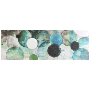 Quadro su tela dipinto a mano Circles, 40x120 cm, con cerchi astratti nei toni del verde, blu e grigio.