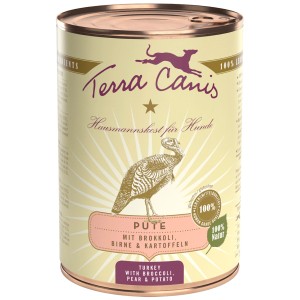 Terra Canis Classic Tacchino cibo umido per cani, lattina da 400g con illustrazioni di tacchino, verdure e frutta.
