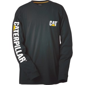 T-shirt à manches longues noir CAT Trademark Banner taille S pour vêtements de travail avec logos sur la poitrine et la manche.