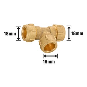 Raccordo a T a compressione in ottone da 31 mm per riscaldamento e idraulica con connessioni da 18 mm.