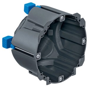 Scatola da incasso nera per cartongesso, misura 1 x 1: scatola di montaggio con piedini basculanti blu per impianti elettrici.