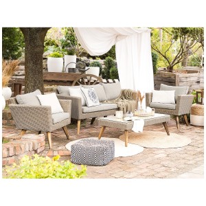 Ensemble lounge de jardin 5 places en rotin marron Vittoria XL avec coussins gris.