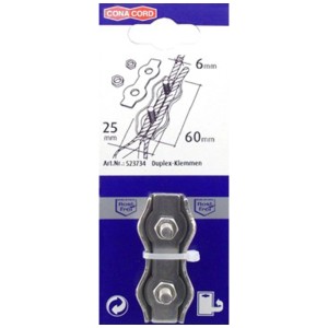 Morsetti duplex in acciaio inox Ø 6 mm, adatti per cavi fino a 6 mm di diametro.