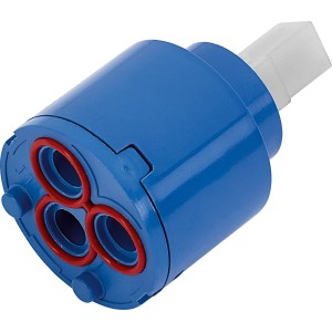 Cartouche céramique Ø 35 mm pour mitigeur lavabo, corps en plastique bleu, contrôle débit et température.