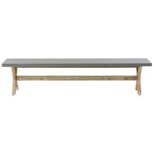 Banc de jardin Olbia gris en fibrociment avec piètement en bois d'acacia, style industriel.