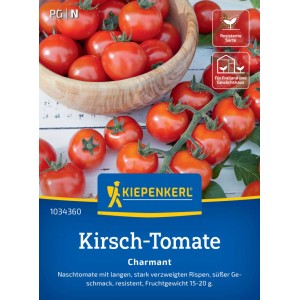 Graines de tomates cerises Kiepenkerl Charmant F1 : Tomates rouges mûres en bol et sur la branche.