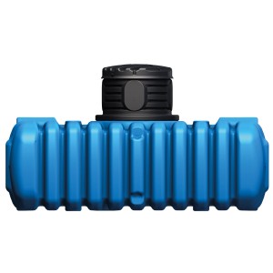 Cuve plate 4rain Flat S 1500 l avec rehausse de puits, cuve enterrée bleue avec couvercle noir.