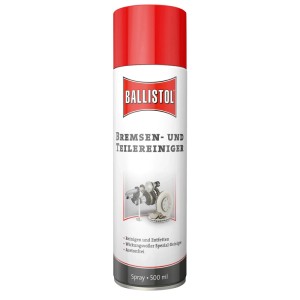 Bombe aérosol Ballistol nettoyant freins et pièces, 500 ml, avec capuchon rouge. Montre des pièces de frein. Nettoie et dégraisse.
