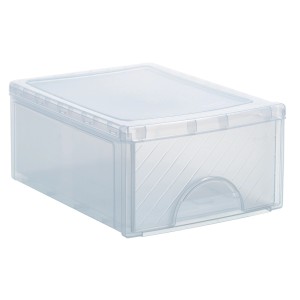 Transparente Frontbox mit Schublade zur Aufbewahrung, stapelbar.