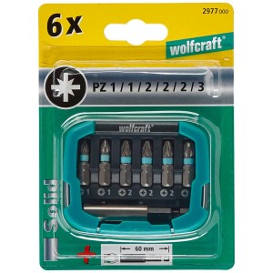 Wolfcraft Bit-Box Solid Pozidriv, 7 pezzi. Set di inserti con 6 inserti e portainserti in custodia di plastica.