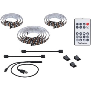 Paulmann EntertainLED USB-LED-Streifen für 65-Zoll-Fernseher, mit Fernbedienung und Zubehör.