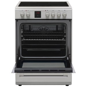 Cuisinière Sharp KF-76VDD19I-CH en inox avec porte du four ouverte et accessoires.
