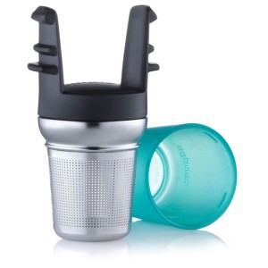 Filtro da tè Contigo West Loop in acciaio inox e plastica con contenitore blu.