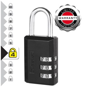 Master Lock Zahlen-Vorhängeschloss, 3-stellig, schwarz, für Taschen & Gepäck.