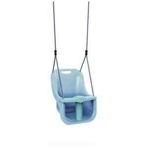 Balancelle bébé OutdoorToys bleu glacier avec dossier haut et barre de sécurité.