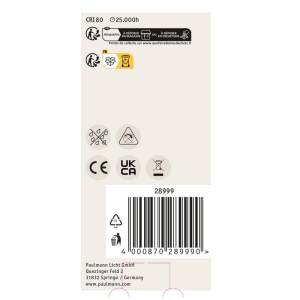 Paulmann LED-Leuchtmittel E27 Sensor Verpackung mit technischen Daten, Entsorgungshinweisen, CE-Zeichen und Barcode.