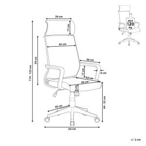 Schizzo sedia ufficio Leader in similpelle grigia con dimensioni, carico massimo 120kg.