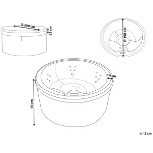Dessin technique du spa extérieur Beliani Marfil. Dimensions: Ø 198 cm, hauteur 90 cm. Incl. couverture Ø 200 cm.