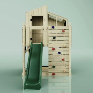 Maisonnette sur pilotis PolarPlay Komet avec toboggan vert et mur d'escalade en bois.