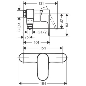 Disegno tecnico: Miscelatore doccia esterno Hansgrohe Vernis Blend in cromo con dimensioni.