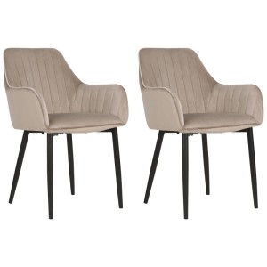 2er-Set beige Samt Esszimmerstühle Wellston mit Armlehne und schwarzen Metallbeinen.