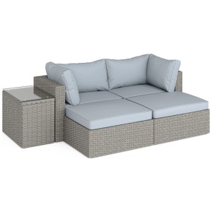 Salon de jardin Olea 5 pcs en polyrotin couleur sable. Mobilier de jardin modulable avec coussins gris clair et table en verre.