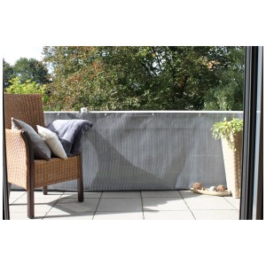 Brise-vue balcon en rotin synthétique argent/anthracite pour l'intimité et la protection contre le vent.