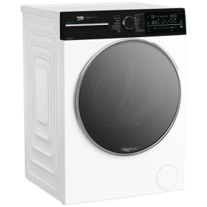 Lave-linge frontal Beko blanc, 9 kg, 1400 tr/min. Design moderne avec panneau de commande noir et hublot foncé.
