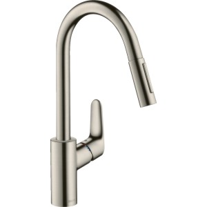 Mitigeur de cuisine Hansgrohe Focus 240 avec douchette extractible, finition inox.