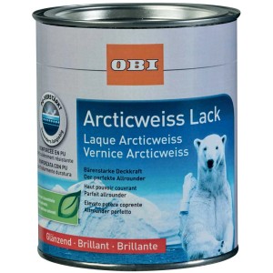 Dose OBI Weisslack glänzend Arcticweiss, PU-Acryl Lack für Innen & Außen, mit Eisbär Motiv.