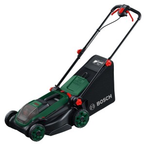 Tagliaerba a batteria Bosch Rotak 18V2-38 con batteria e caricabatterie. Design verde e nero.
