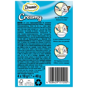 Dreamies Creamy Lachs Katzensnack, 4x10g. Cremige Füllung, knusprige Hülle. Katzenleckerli mit Lachs.