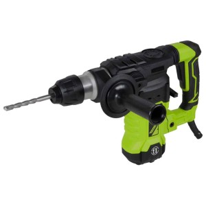 Perforateur burineur Zipper, 1500 W, noir et vert, avec foret et poignée auxiliaire.
