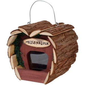 Mangiatoia per uccelli svizzera Meisenkiosk in legno di pino con dispositivo di sospensione.