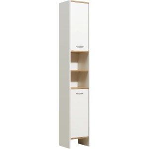 Armoire haute de salle de bain Pelipal Sina, blanc/chêne, 195,5x33x28cm, avec deux portes et compartiments ouverts.
