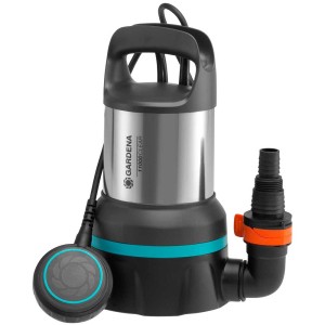 Pompe submersible eau claire Gardena 11000 en inox avec flotteur et raccord de tuyau.